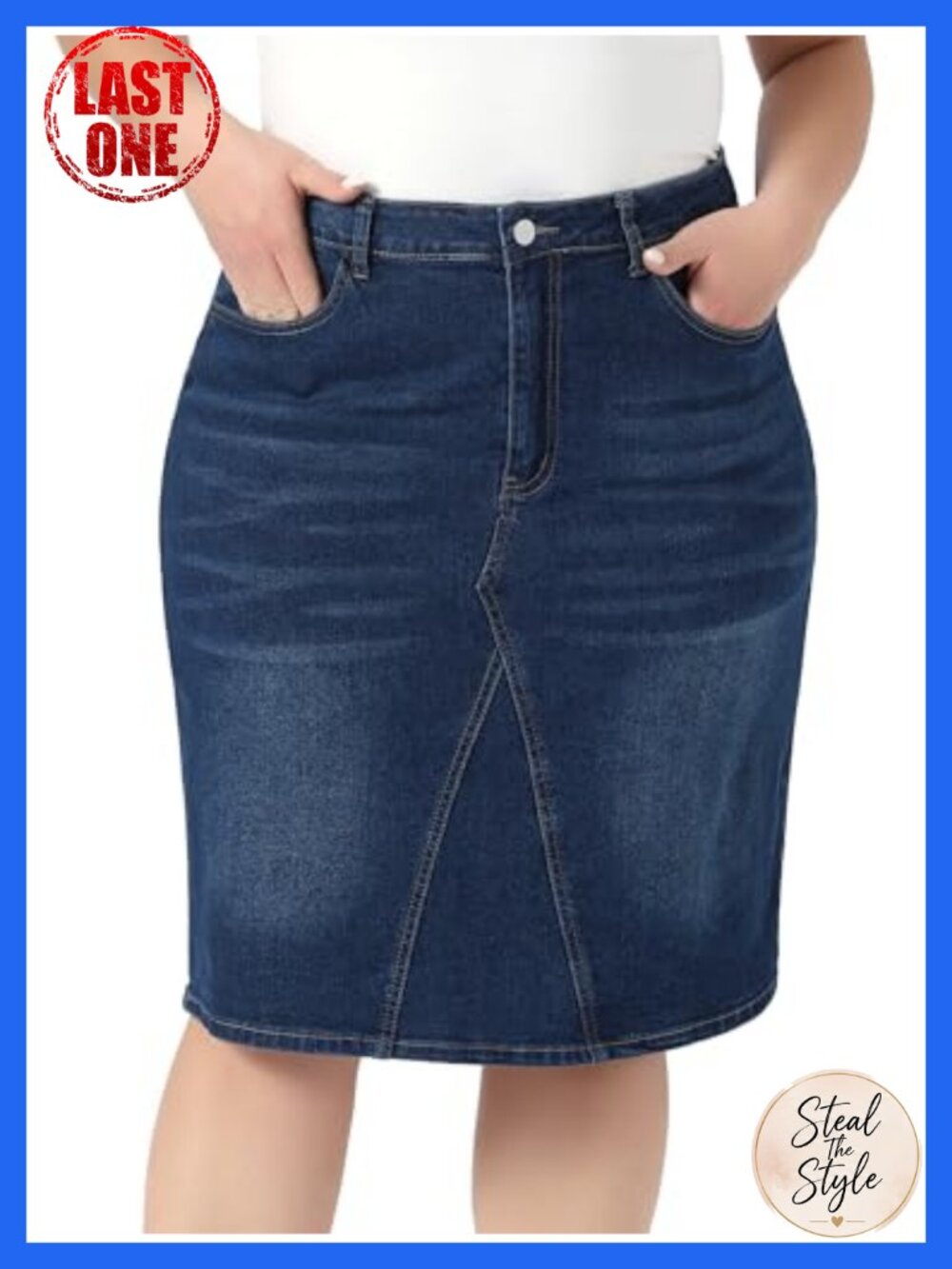 Women Plus Size High Waist Stretch Midi Denim Pencil Skirt with Pockets